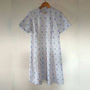 Morro Bay Mod Dress Blue and White size 14.5 Geometric 60's‎ 70's Style